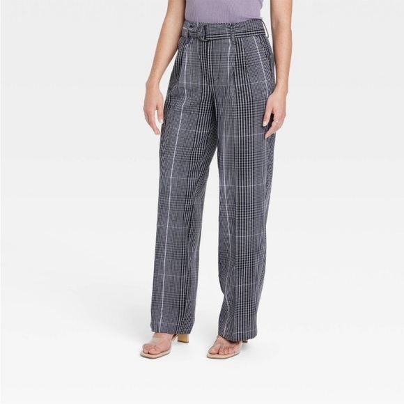 Gray Plaid High-Rise Relaxed Fit Straight Leg Belted Trousers - Picture 1 of 3